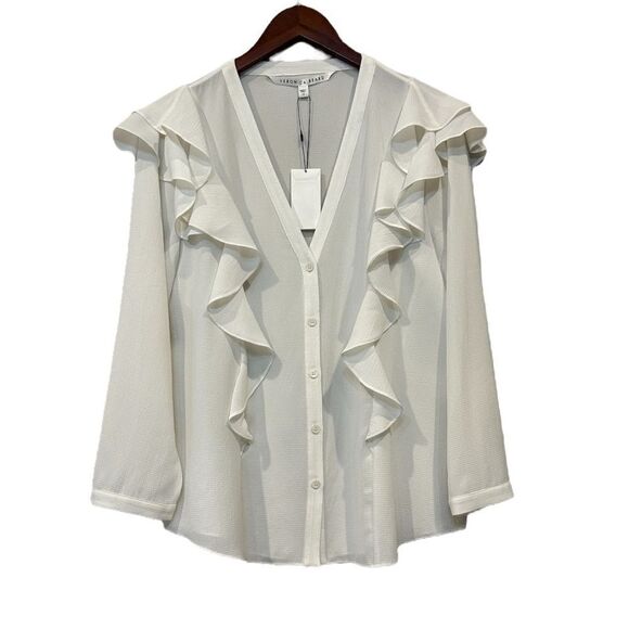 Veronica Beard Button Down V-Neck Blouse Ruffle Detail White Size 12 - Picture 1 of 9